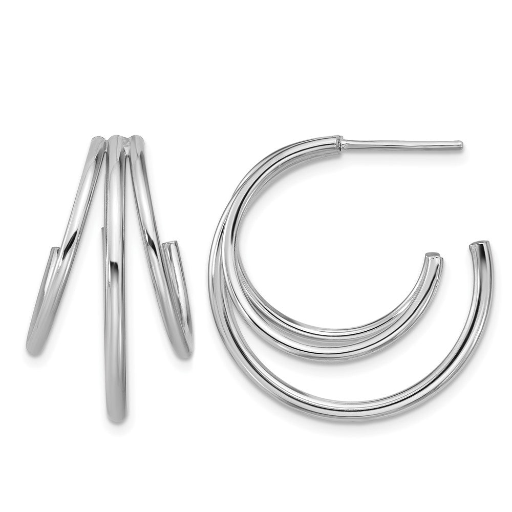 Sterling Silver RH-plated Polished 3-row J-hoop Post Earrings