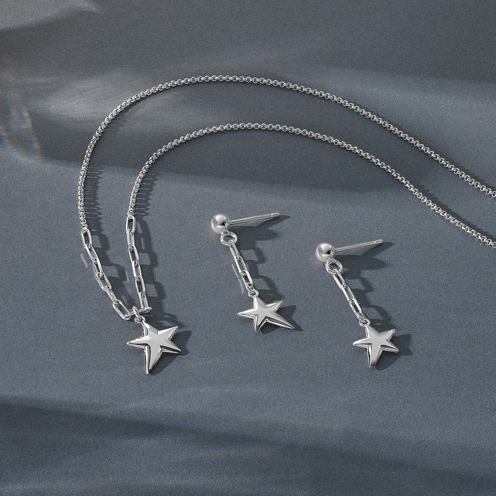 SS RH-plated Polished Star Link Dangle Post Earrings