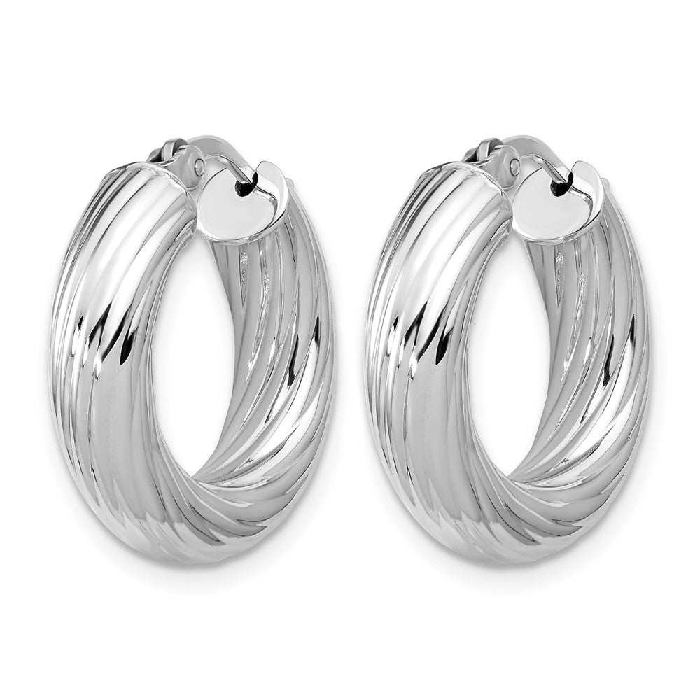 Sterling Silver RH-plat Polish/Grooved Round Hoop Earrings