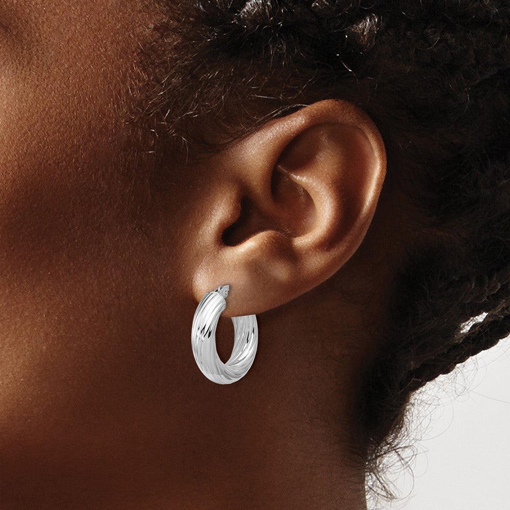 Sterling Silver RH-plat Polish/Grooved Round Hoop Earrings