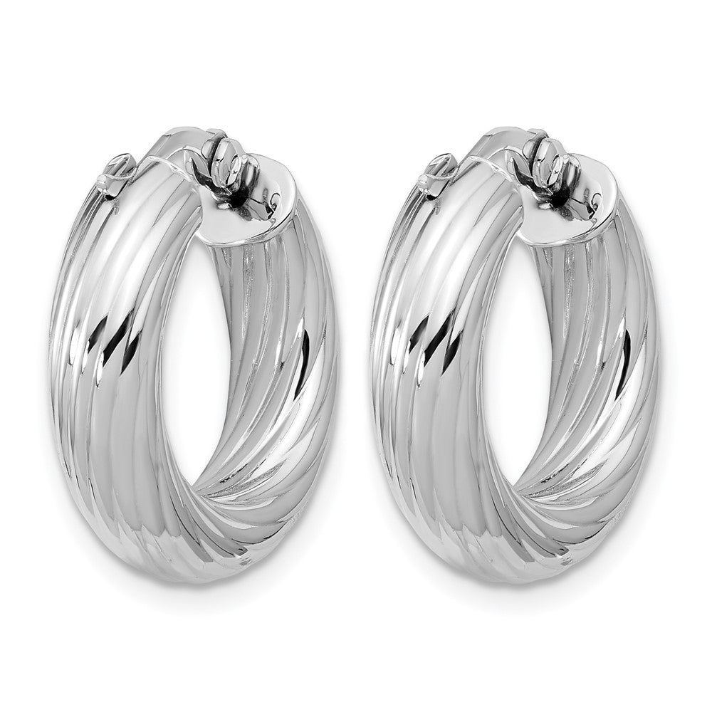 Sterling Silver RH-plat Polish/Grooved Round Hoop Earrings