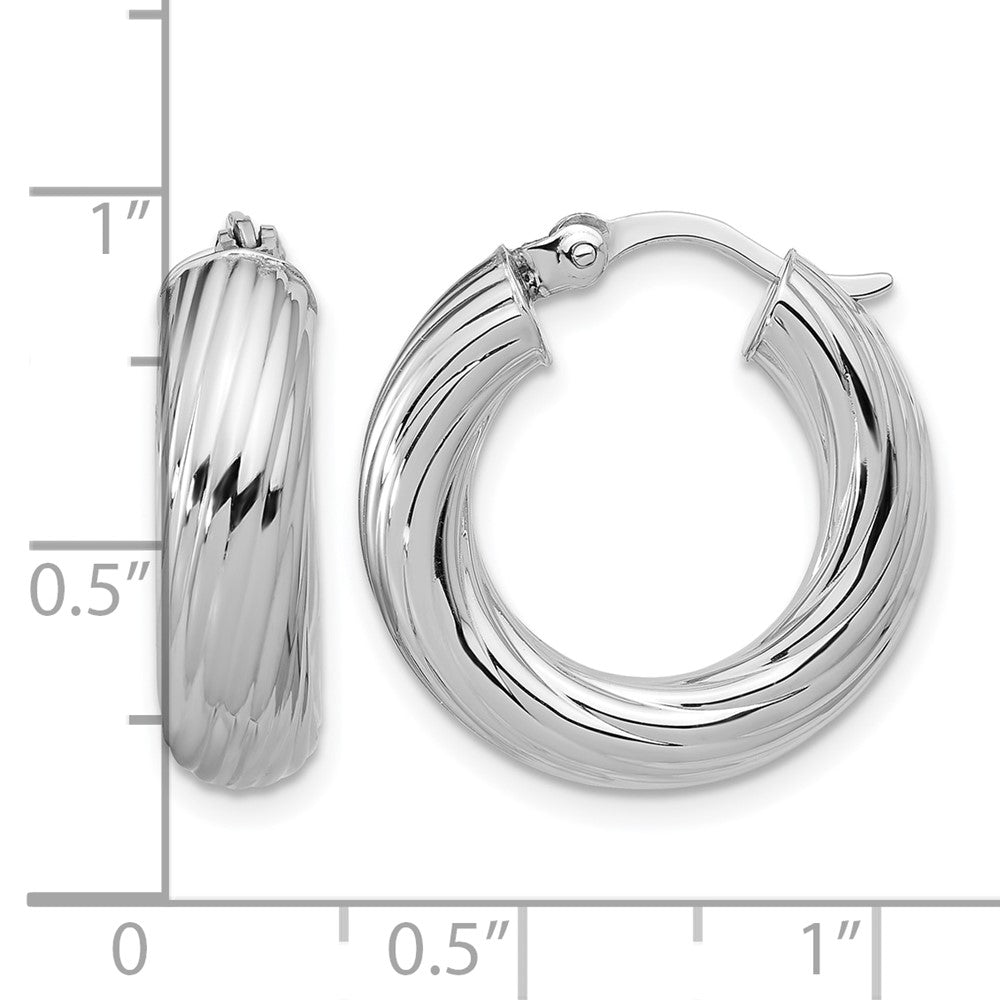 Sterling Silver RH-plat Polish/Grooved Round Hoop Earrings