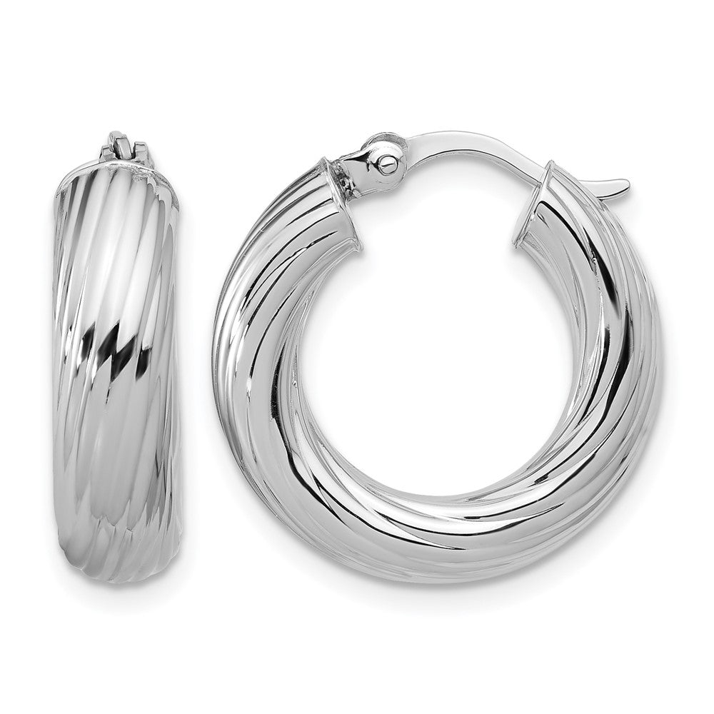 Sterling Silver RH-plat Polish/Grooved Round Hoop Earrings