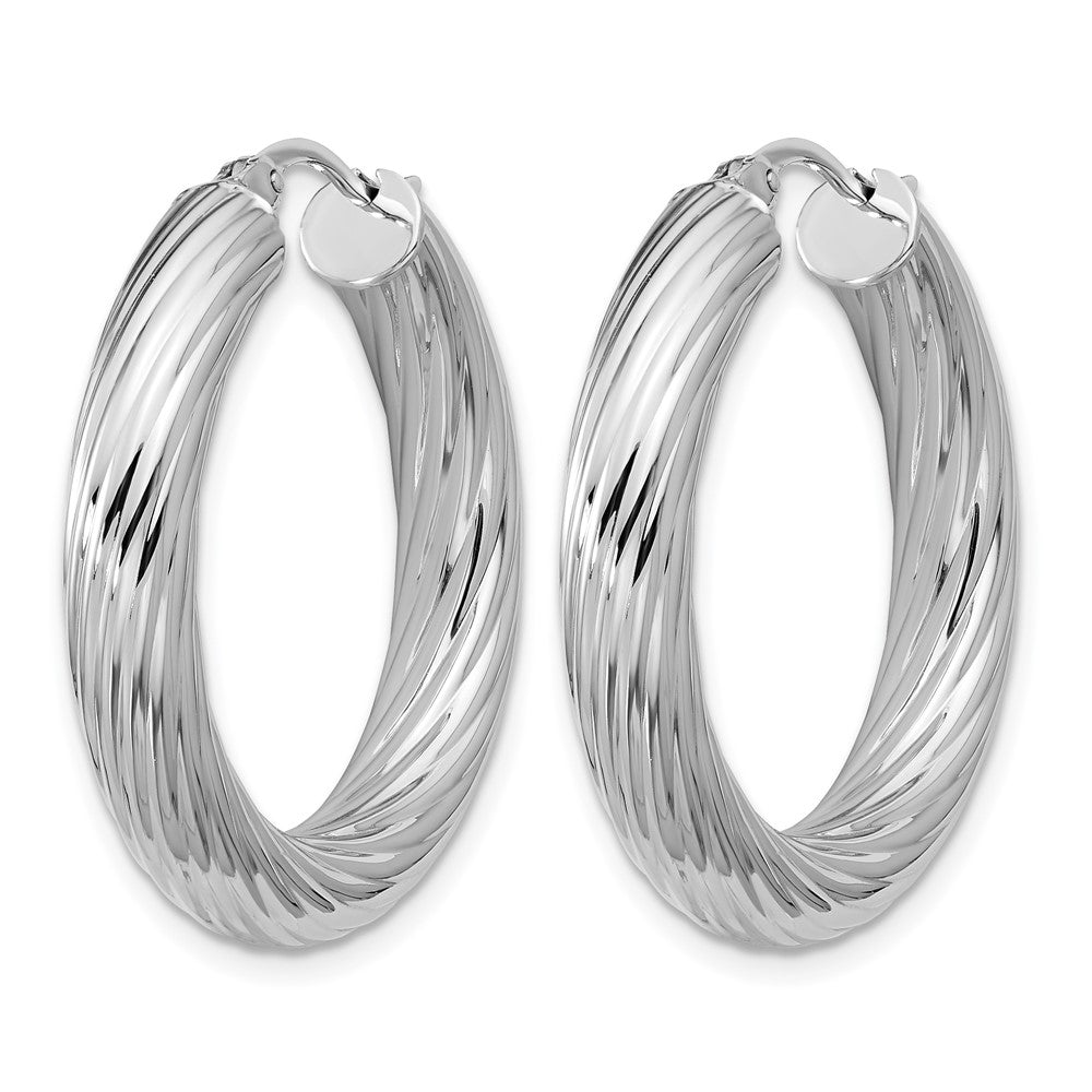Sterling Silver RH-plat Polish/Grooved Round Hoop Earrings