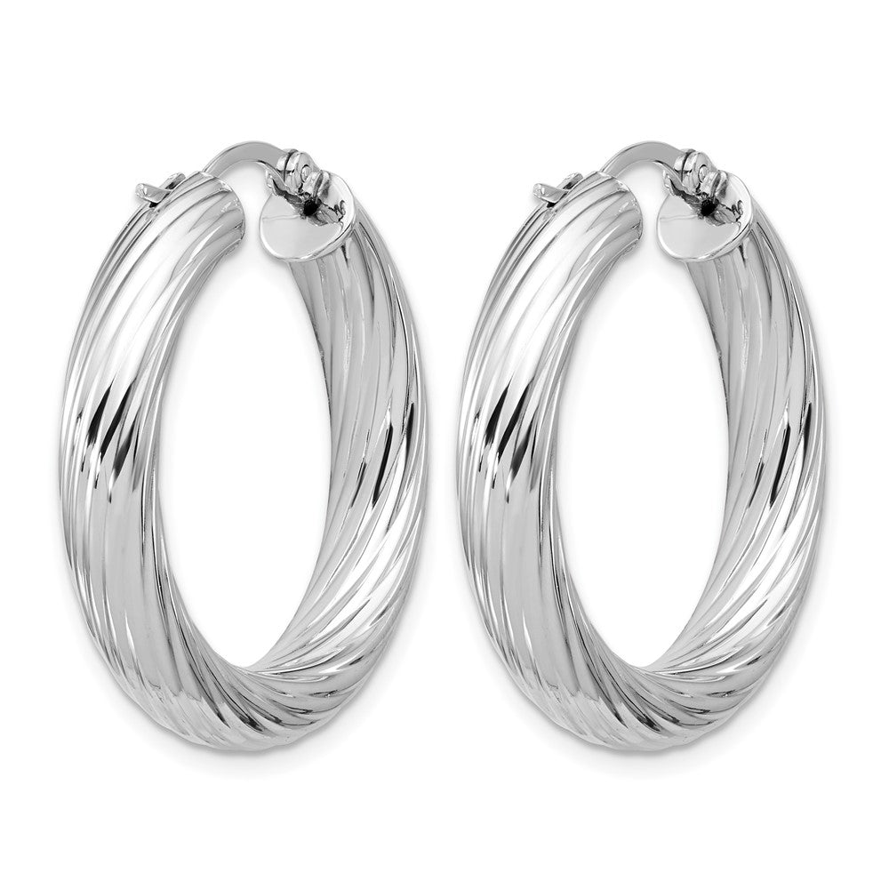 Sterling Silver RH-plat Polish/Grooved Round Hoop Earrings