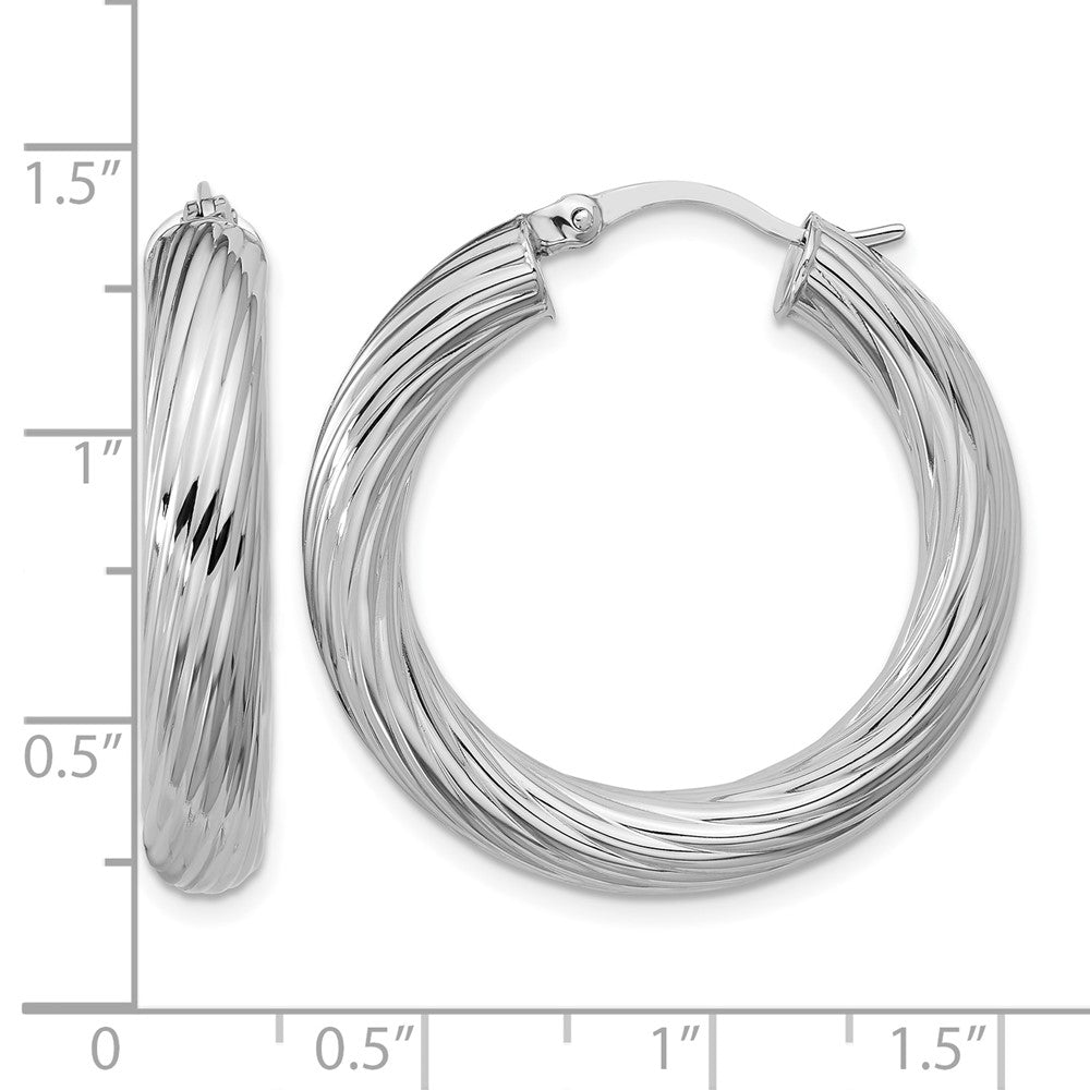 Sterling Silver RH-plat Polish/Grooved Round Hoop Earrings