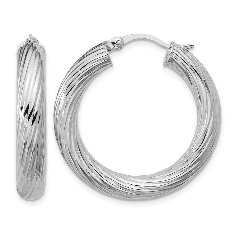 Sterling Silver RH-plat Polish/Grooved Round Hoop Earrings