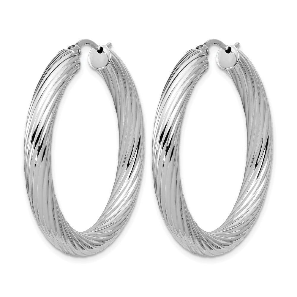 Sterling Silver RH-plat Polish/Grooved Round Hoop Earrings