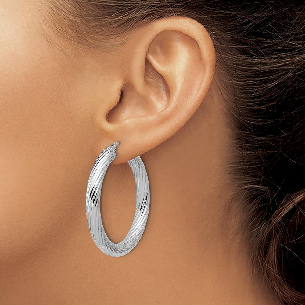 Sterling Silver RH-plat Polish/Grooved Round Hoop Earrings
