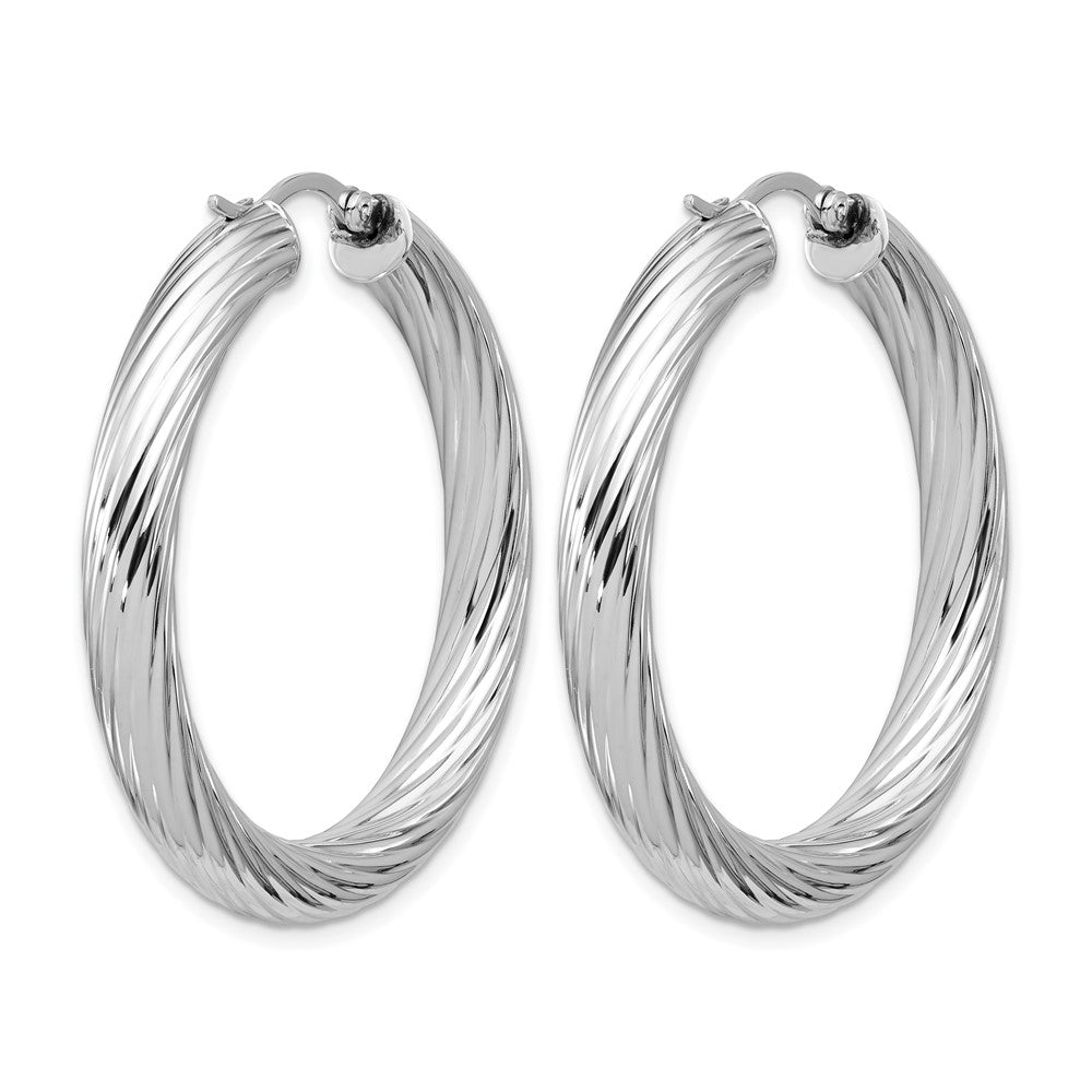Sterling Silver RH-plat Polish/Grooved Round Hoop Earrings