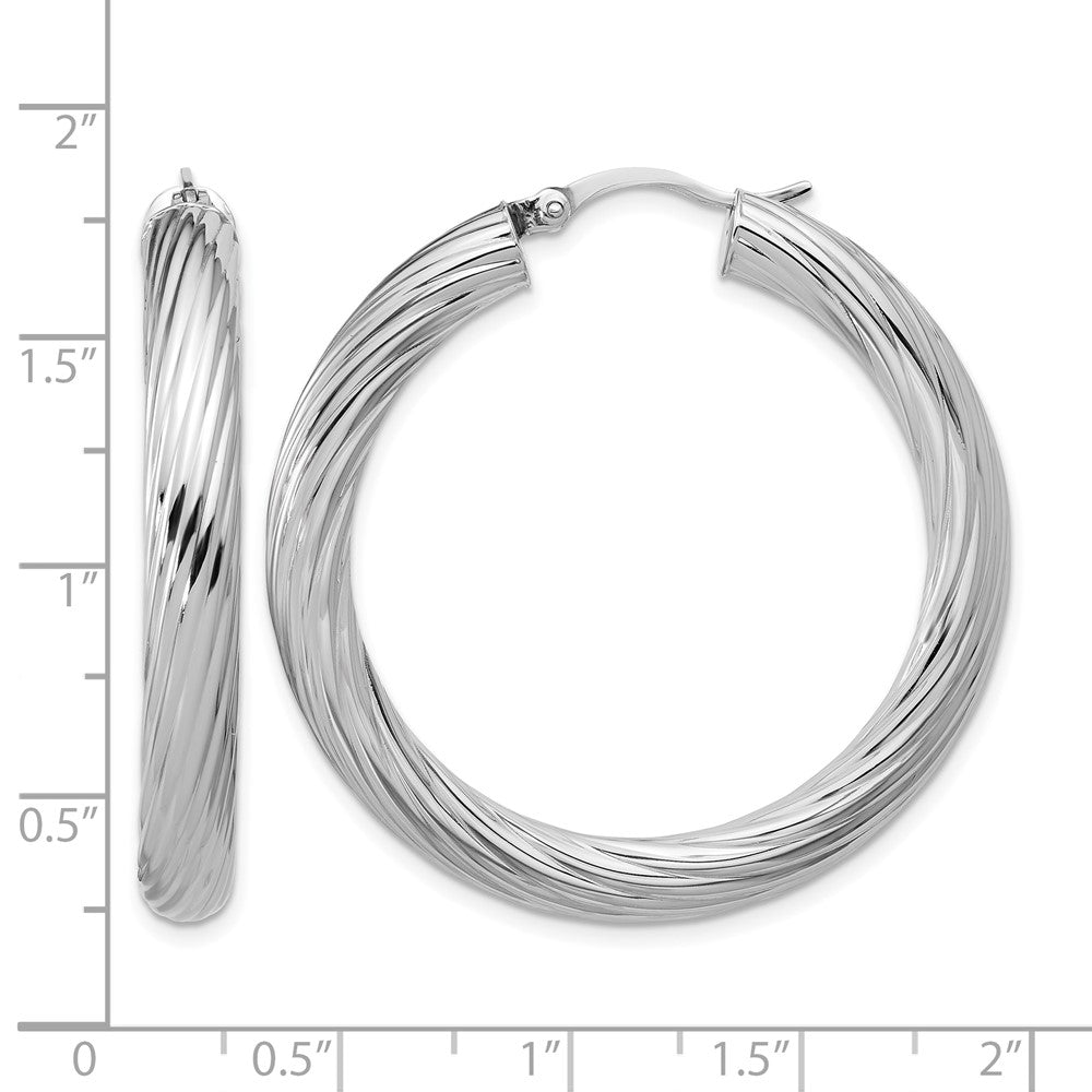 Sterling Silver RH-plat Polish/Grooved Round Hoop Earrings