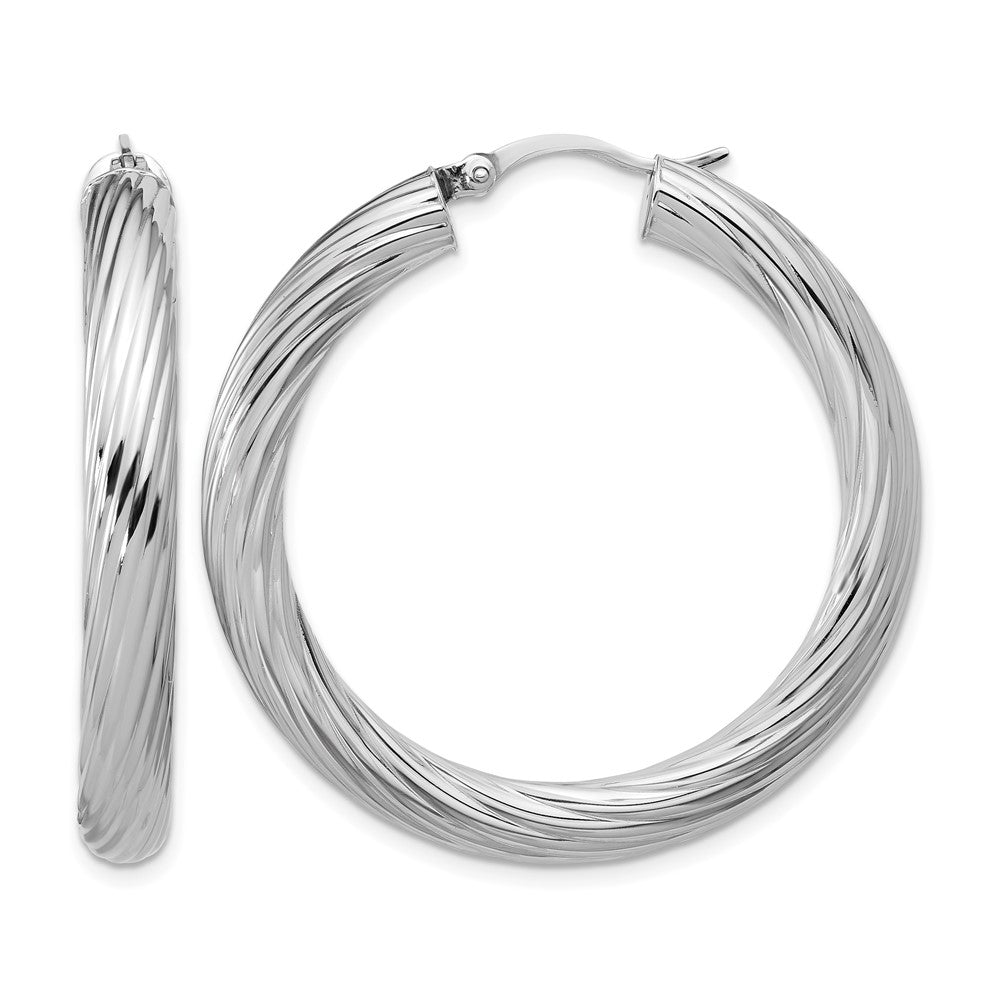Sterling Silver RH-plat Polish/Grooved Round Hoop Earrings