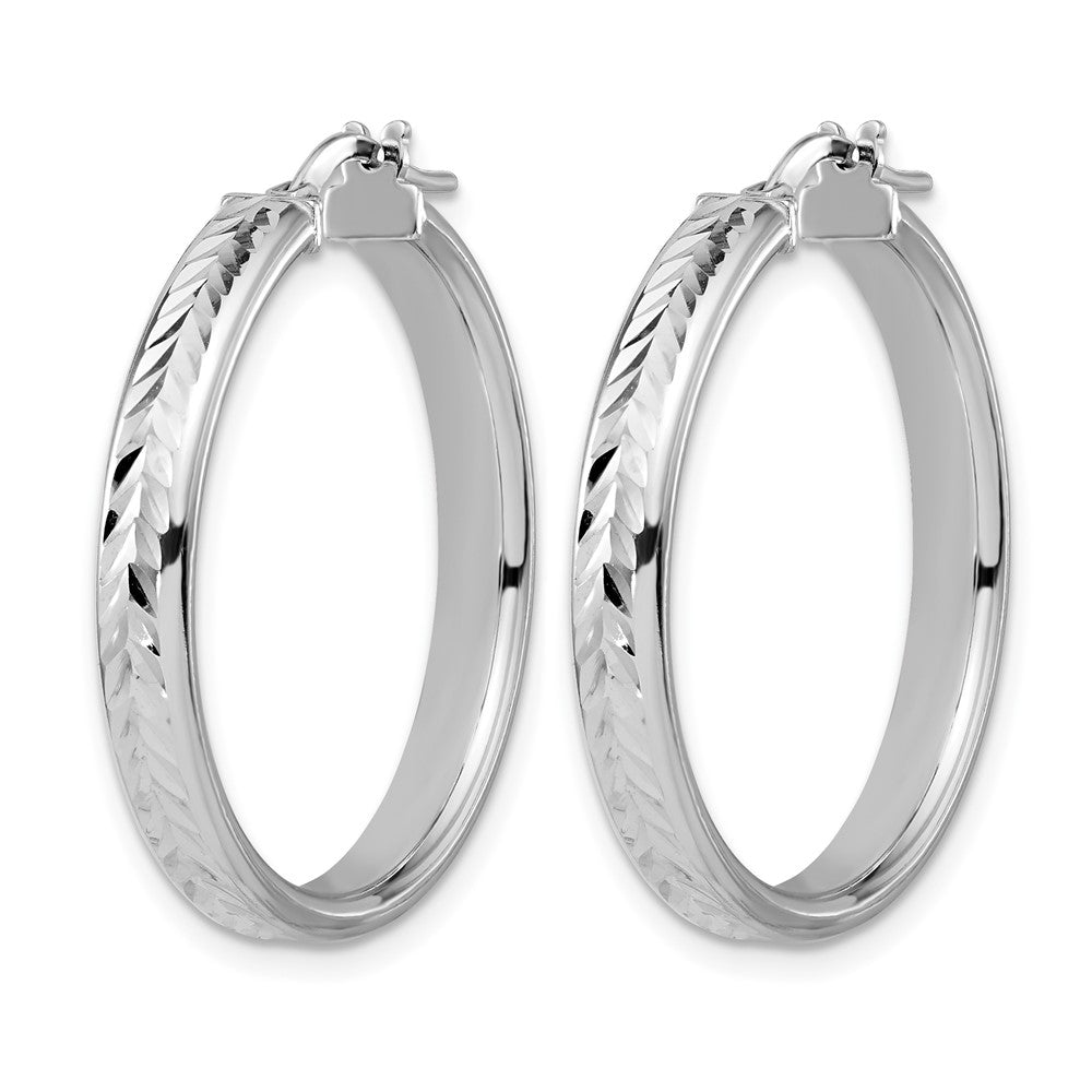 Sterling Silver RH-plat Polish/Dia-cut Round Hoop Earrings