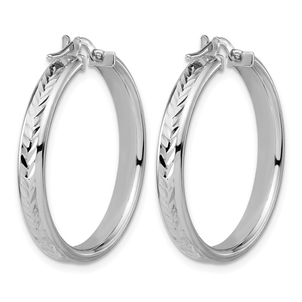 Sterling Silver RH-plat Polish/Dia-cut Round Hoop Earrings