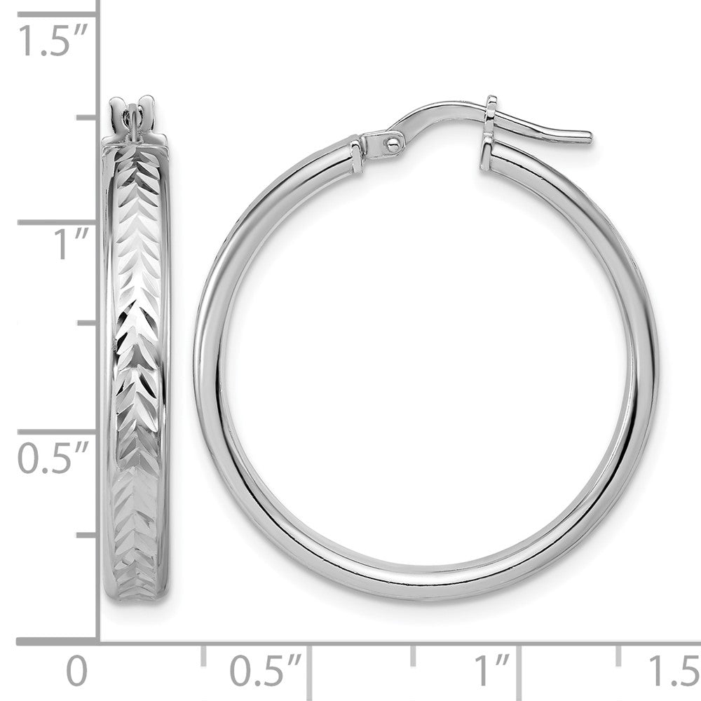Sterling Silver RH-plat Polish/Dia-cut Round Hoop Earrings