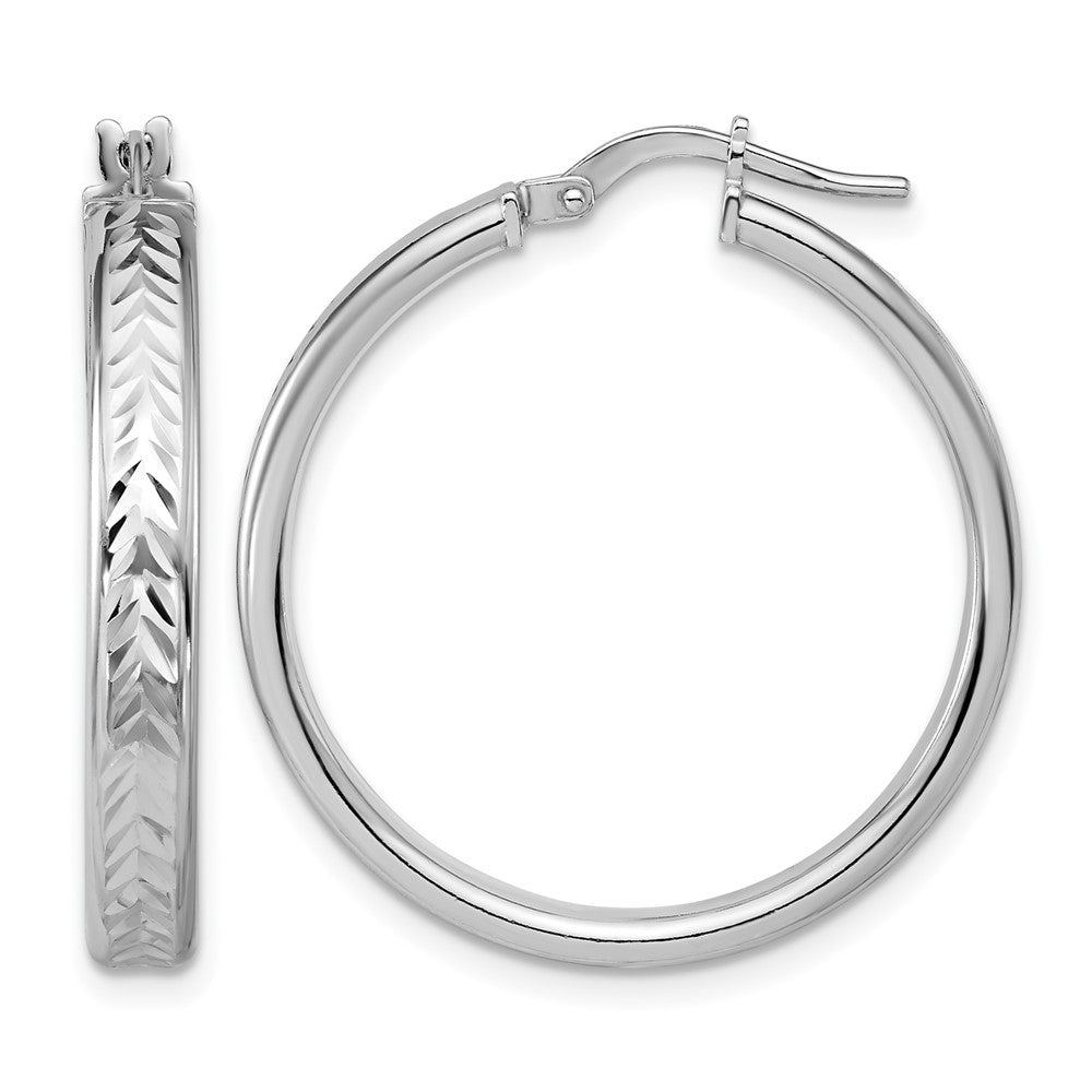 Sterling Silver RH-plat Polish/Dia-cut Round Hoop Earrings