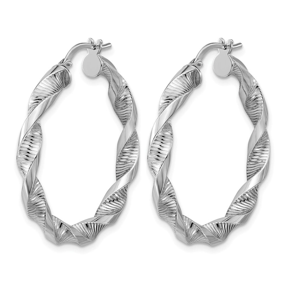 Sterling Silver RH-plat Polish/Textured Twist Hoop Earrings