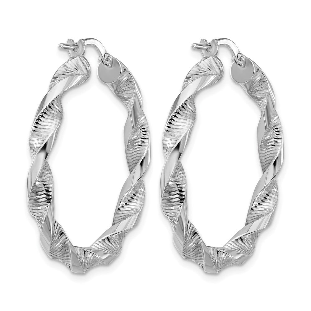 Sterling Silver RH-plat Polish/Textured Twist Hoop Earrings