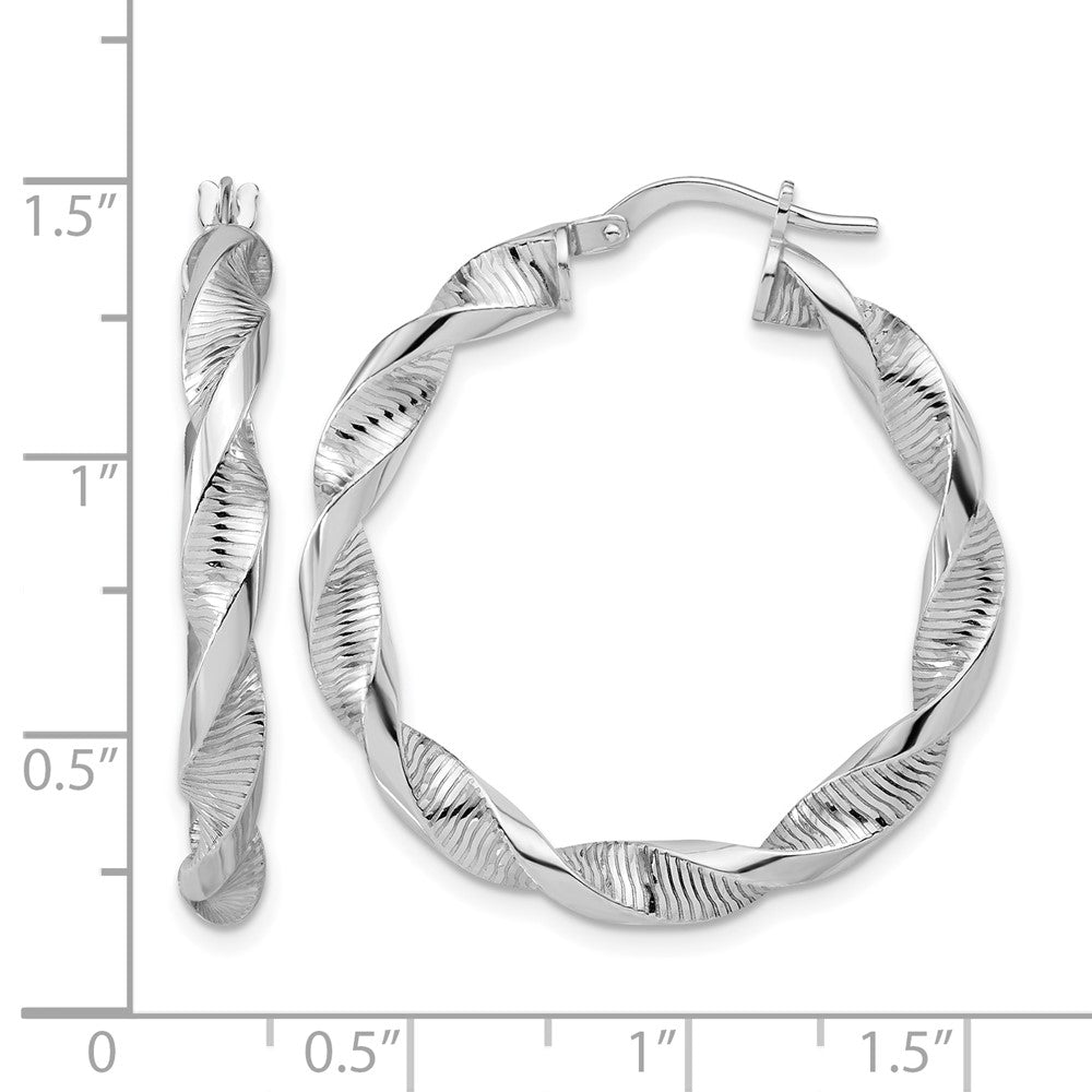 Sterling Silver RH-plat Polish/Textured Twist Hoop Earrings