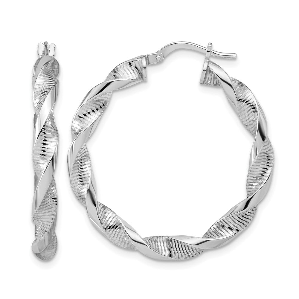 Sterling Silver RH-plat Polish/Textured Twist Hoop Earrings