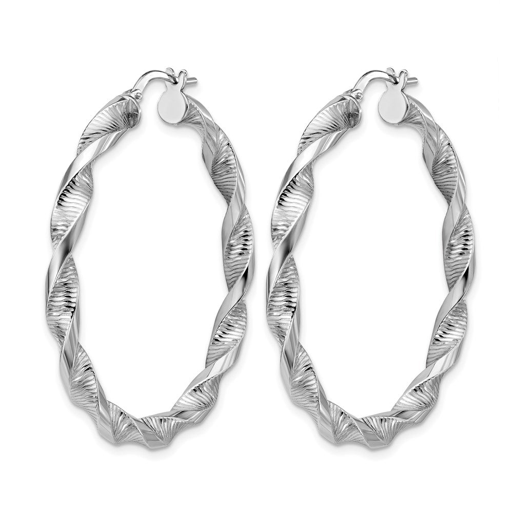 Sterling Silver RH-plat Polish/Textured Twist Hoop Earrings