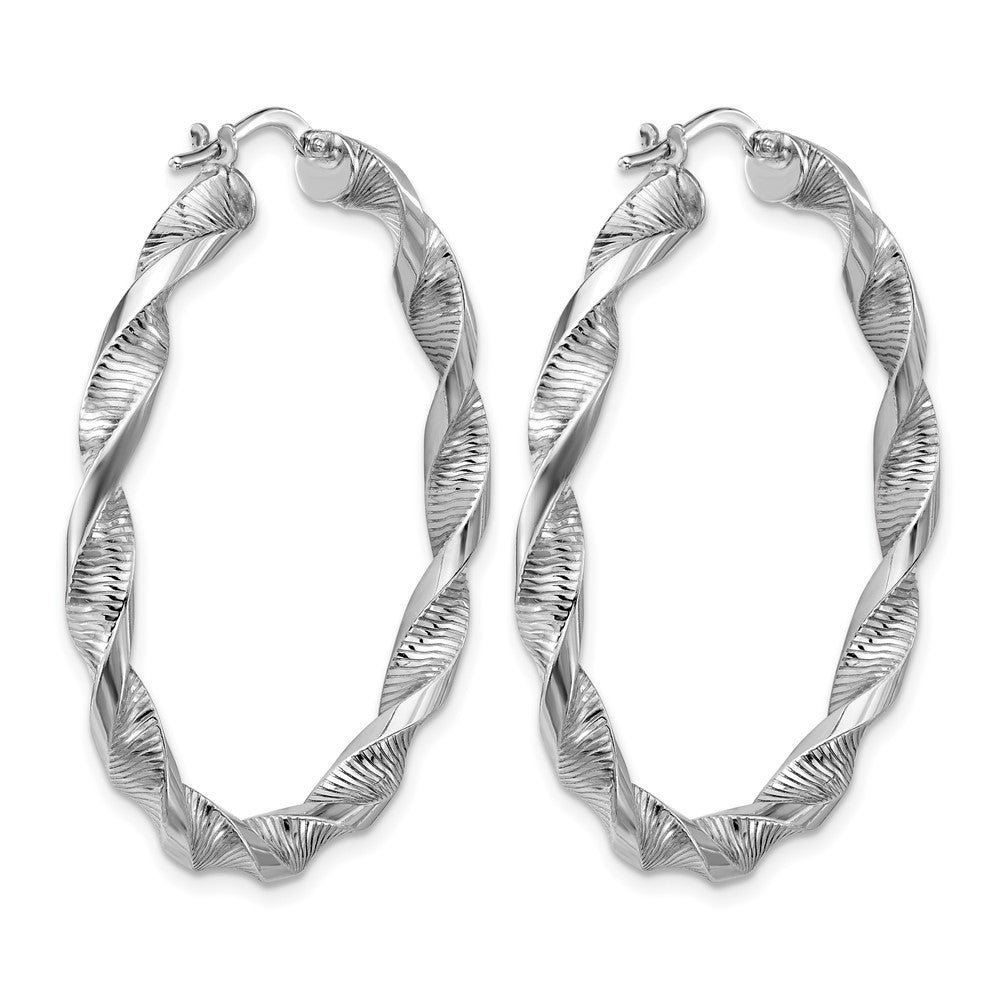 Sterling Silver RH-plat Polish/Textured Twist Hoop Earrings