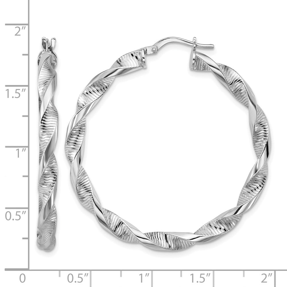 Sterling Silver RH-plat Polish/Textured Twist Hoop Earrings