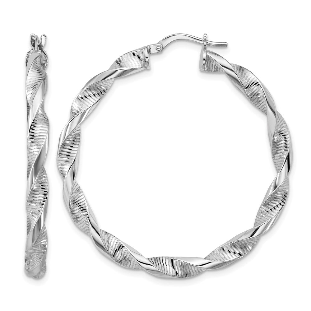 Sterling Silver RH-plat Polish/Textured Twist Hoop Earrings