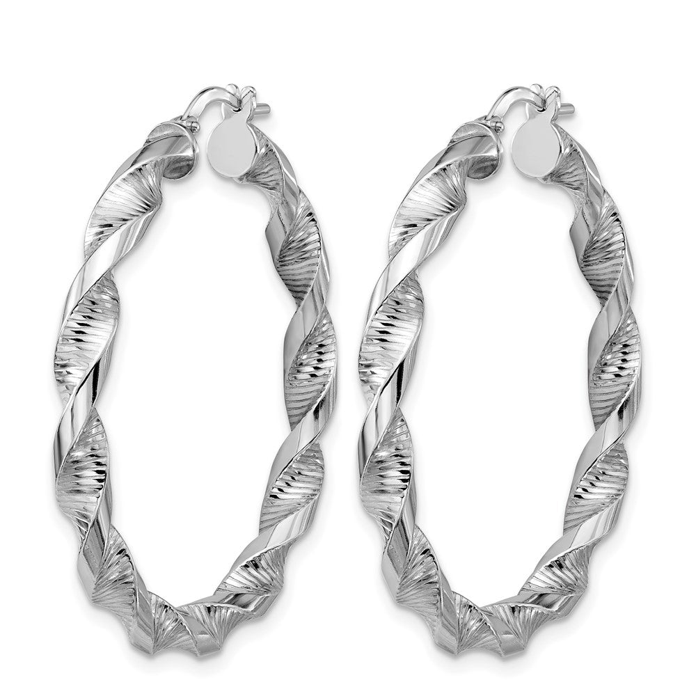 Sterling Silver RH-plat Polish/Textured Twist Hoop Earrings