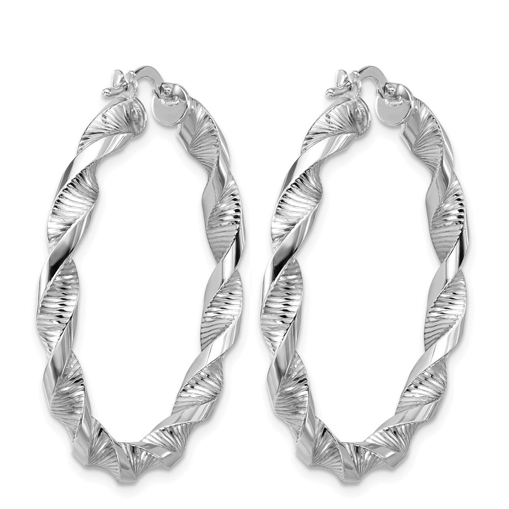 Sterling Silver RH-plat Polish/Textured Twist Hoop Earrings