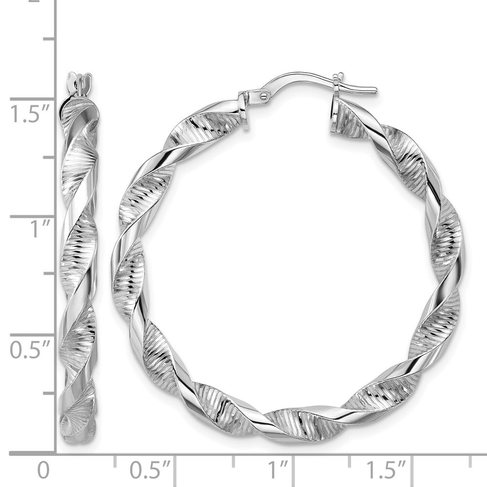 Sterling Silver RH-plat Polish/Textured Twist Hoop Earrings