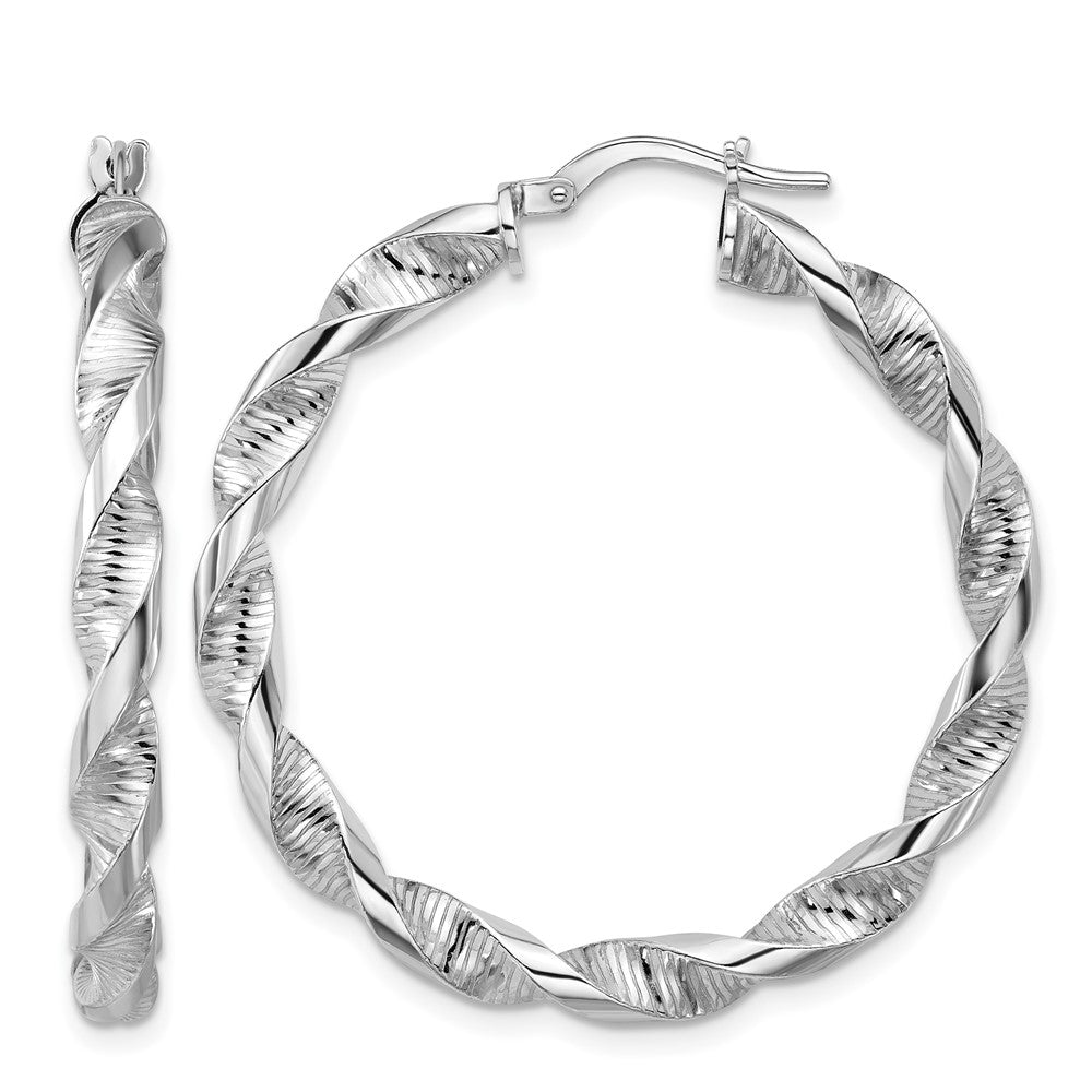 Sterling Silver RH-plat Polish/Textured Twist Hoop Earrings