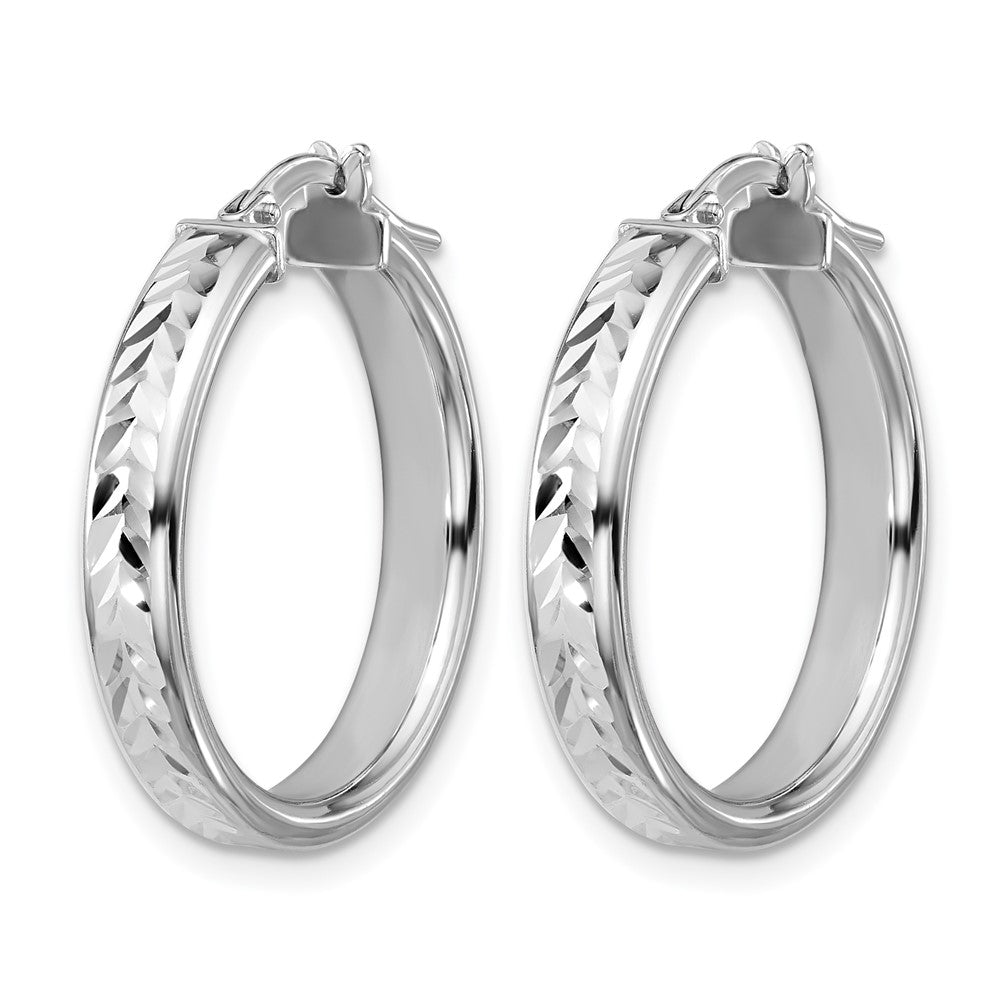 Sterling Silver RH-plat Polish/Dia-cut Round Hoop Earrings