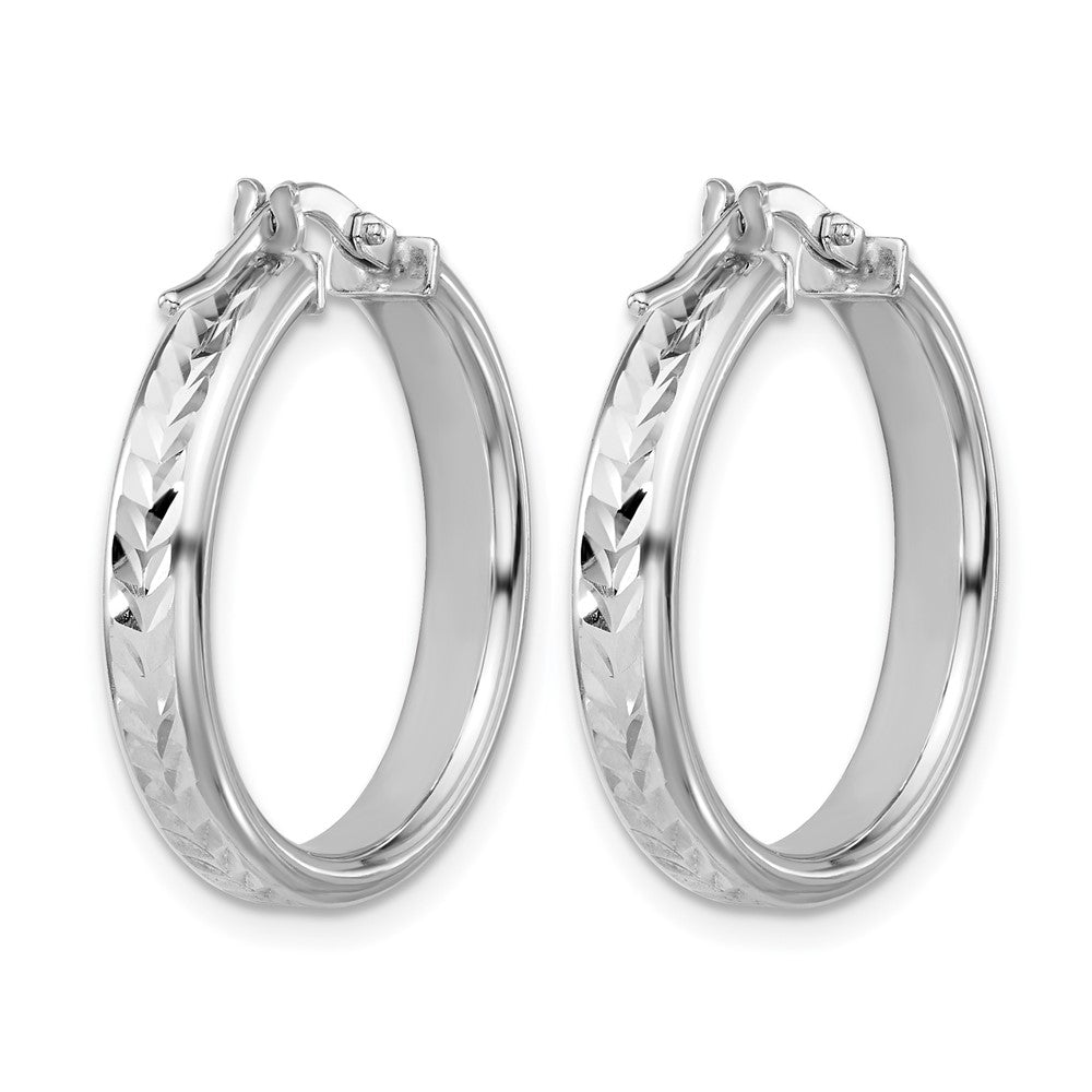 Sterling Silver RH-plat Polish/Dia-cut Round Hoop Earrings