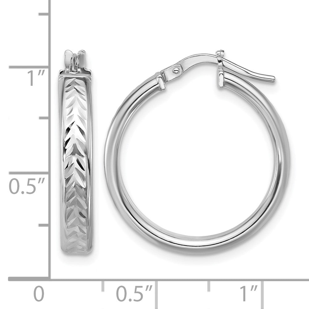Sterling Silver RH-plat Polish/Dia-cut Round Hoop Earrings