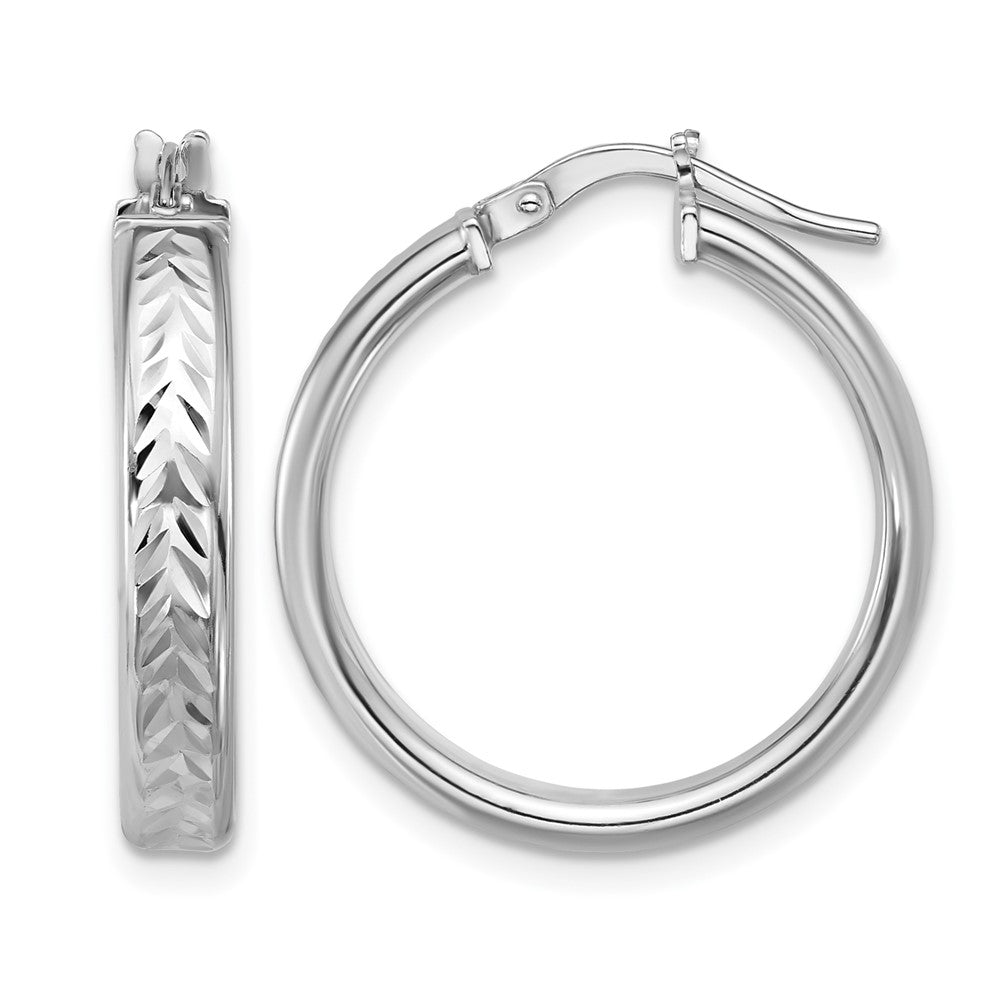 Sterling Silver RH-plat Polish/Dia-cut Round Hoop Earrings