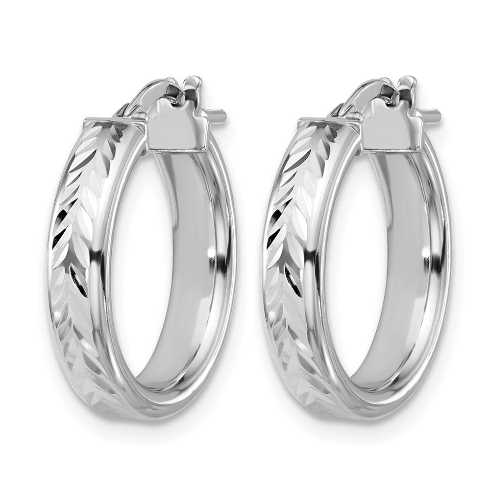 Sterling Silver RH-plat Polish/Dia-cut Round Hoop Earrings