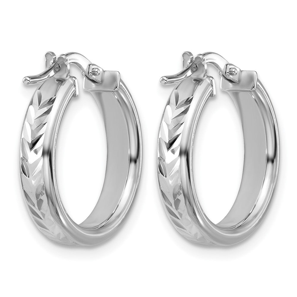 Sterling Silver RH-plat Polish/Dia-cut Round Hoop Earrings