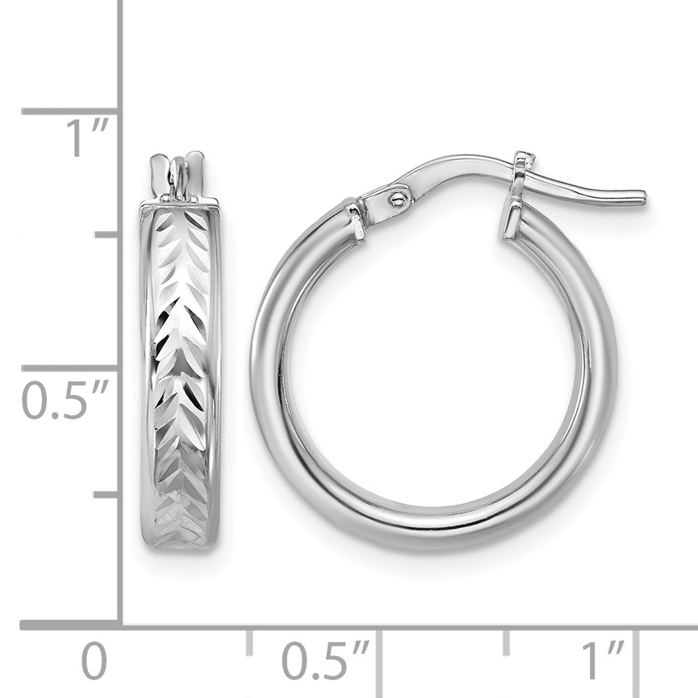 Sterling Silver RH-plat Polish/Dia-cut Round Hoop Earrings