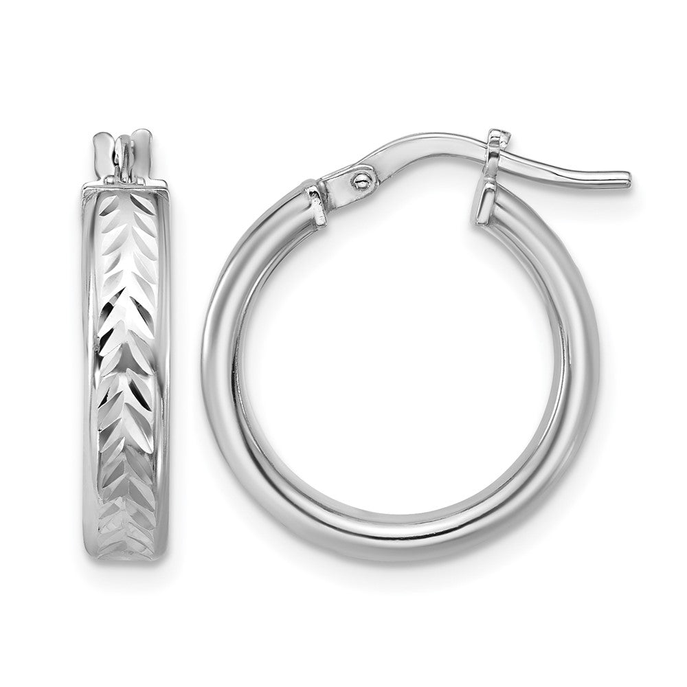 Sterling Silver RH-plat Polish/Dia-cut Round Hoop Earrings