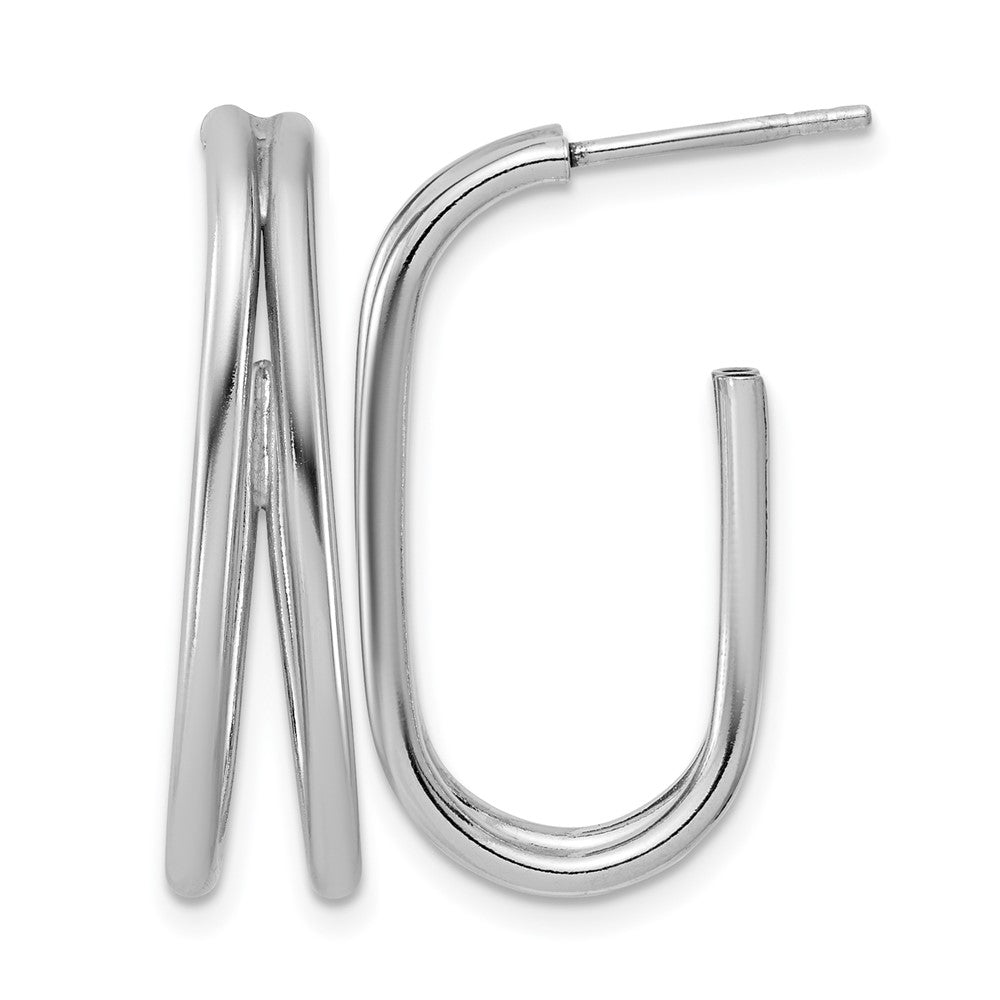 Sterling Silver RH-plated Polished Oval J-Hoop Post Earrings