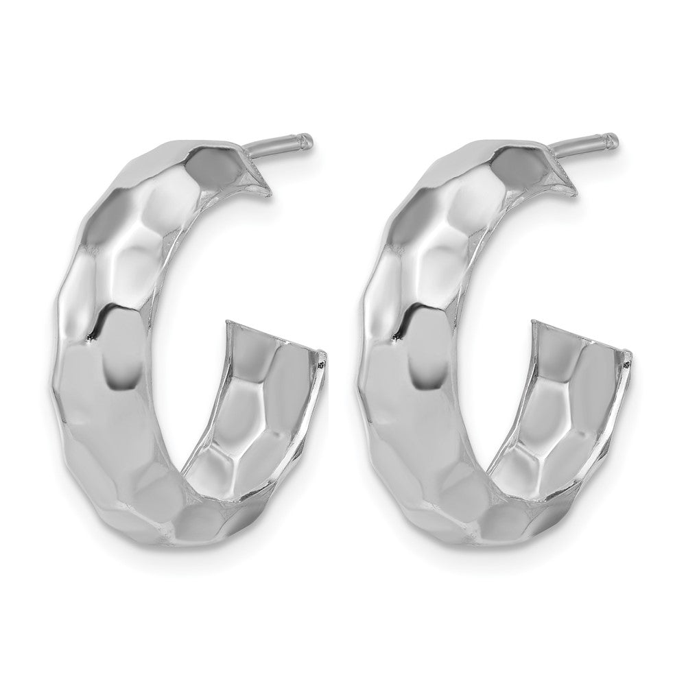 Sterling Silver RH-plat Polish Textured Post J-Hoop Earrings