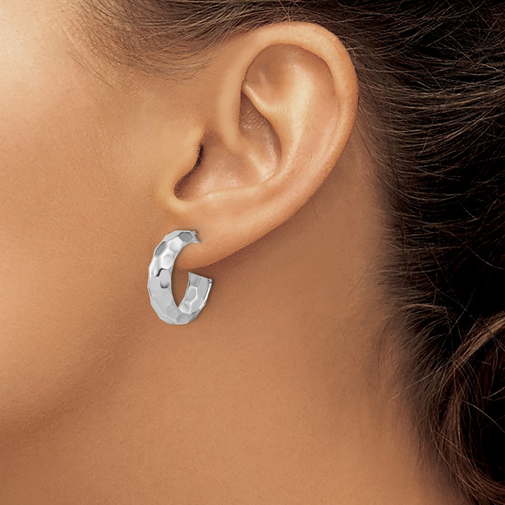 Sterling Silver RH-plat Polish Textured Post J-Hoop Earrings