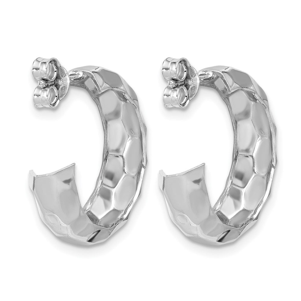Sterling Silver RH-plat Polish Textured Post J-Hoop Earrings