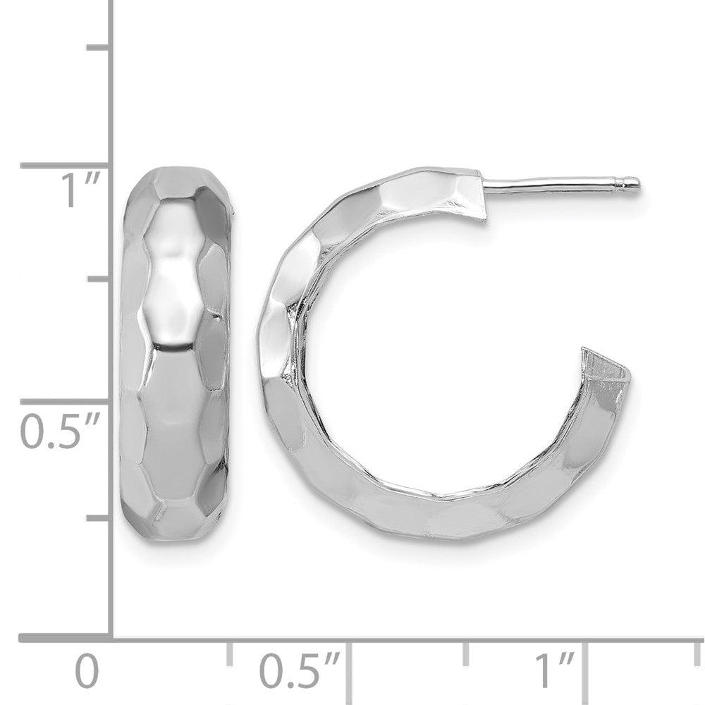 Sterling Silver RH-plat Polish Textured Post J-Hoop Earrings