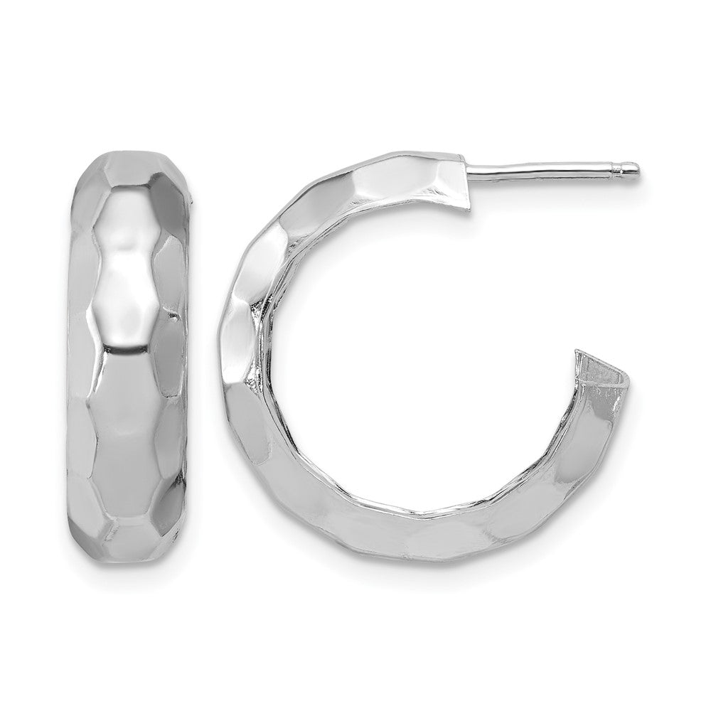 Sterling Silver RH-plat Polish Textured Post J-Hoop Earrings