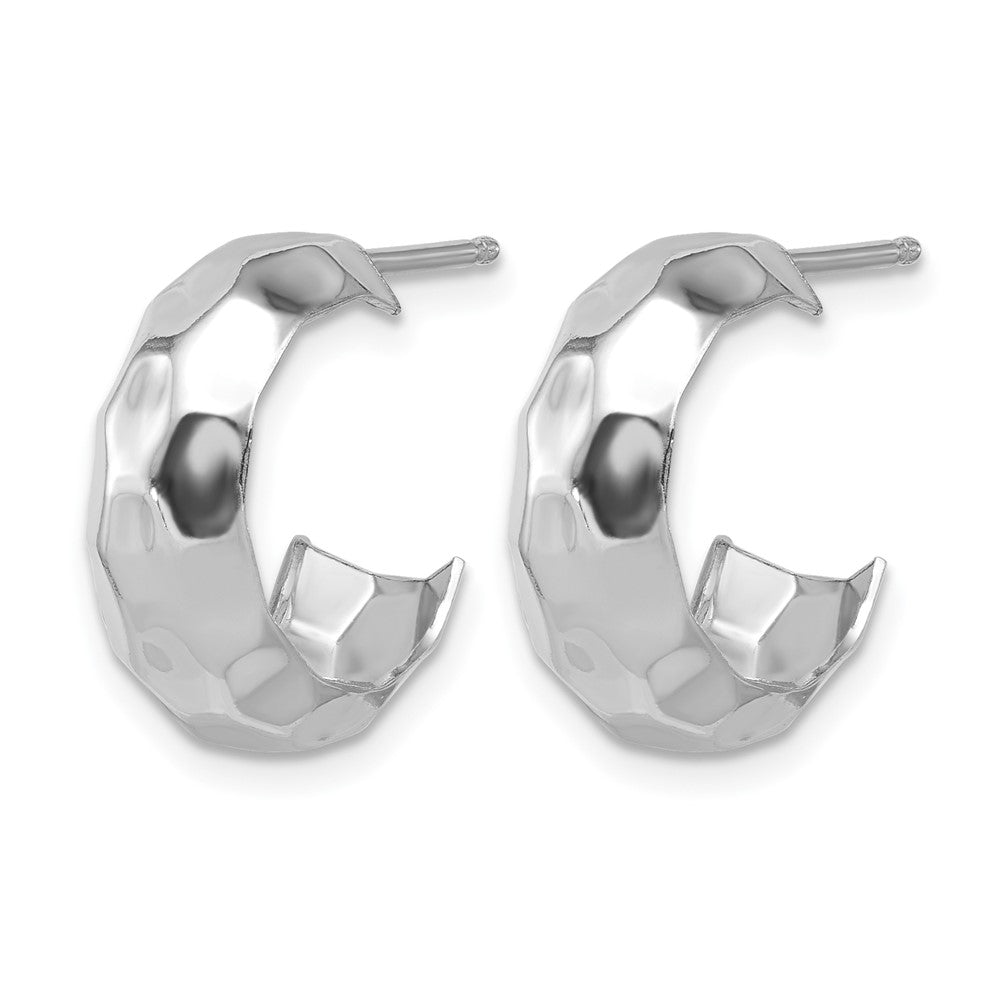 Sterling Silver RH-plat Polish Textured Post J-Hoop Earrings