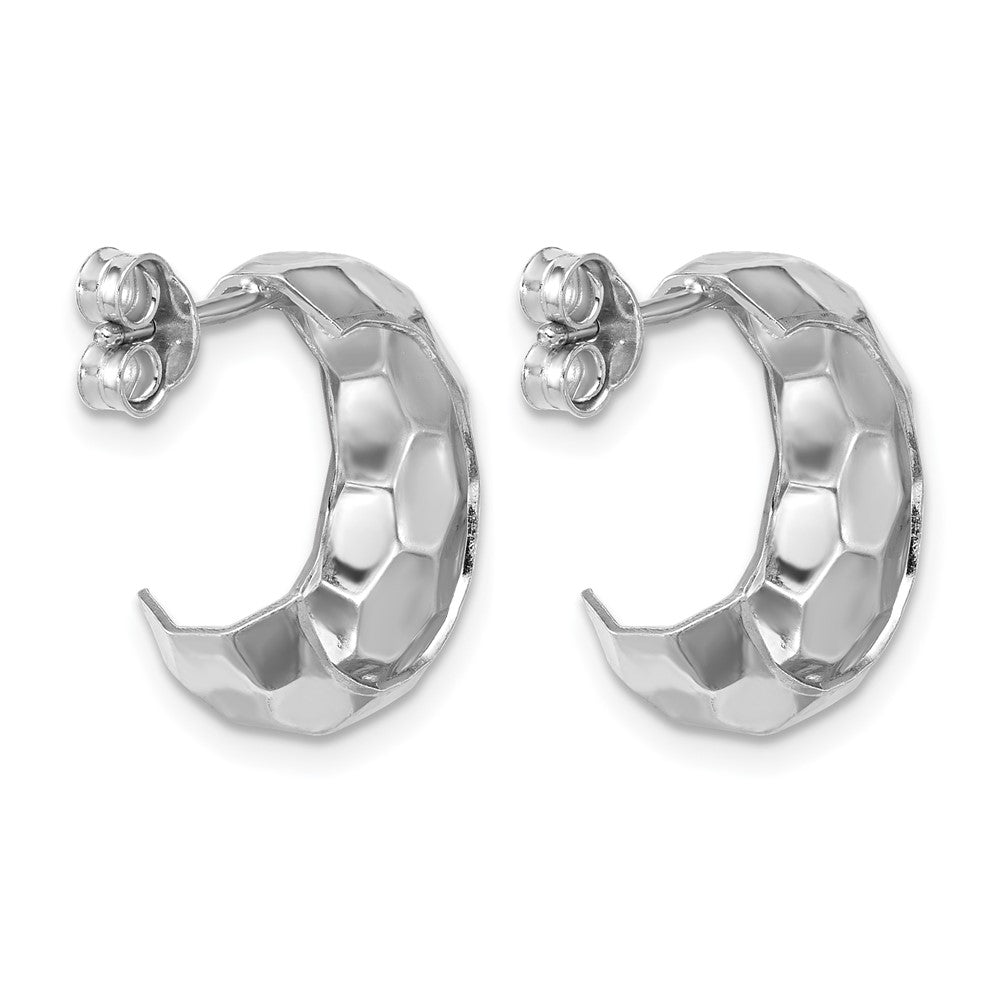 Sterling Silver RH-plat Polish Textured Post J-Hoop Earrings