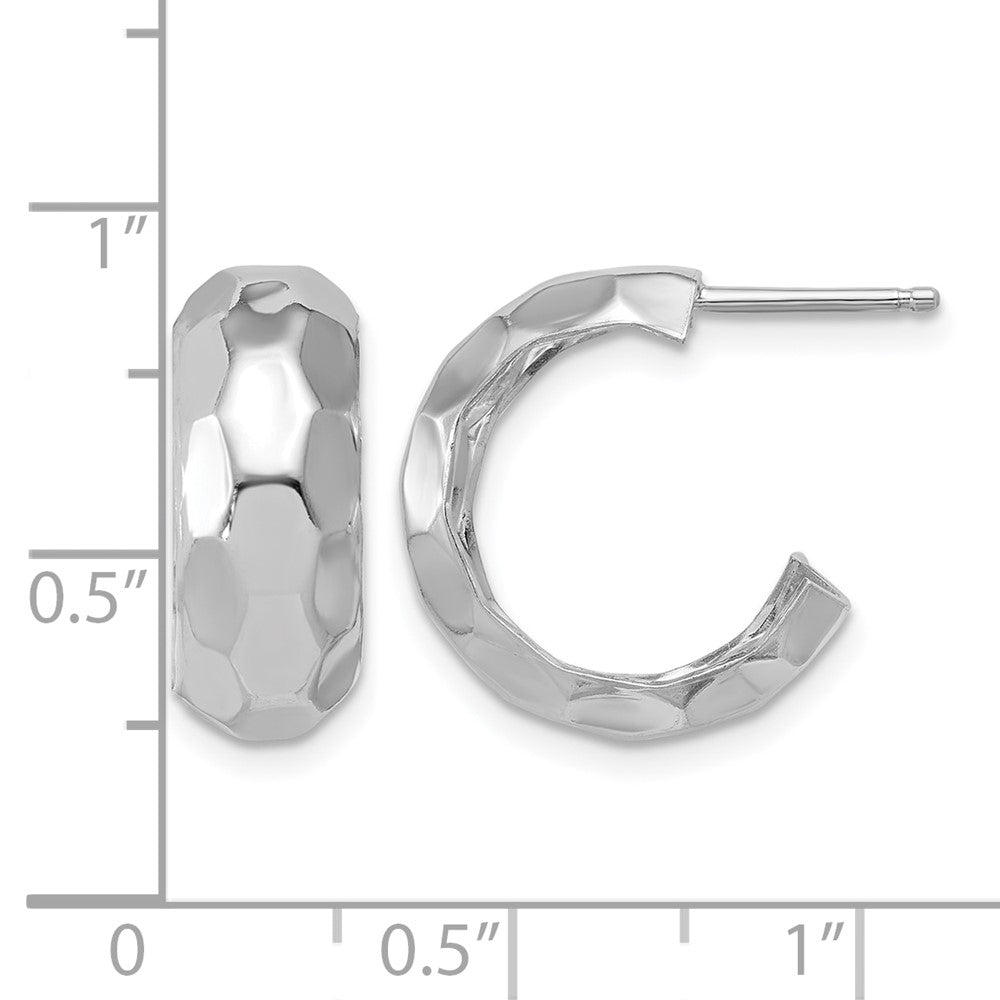 Sterling Silver RH-plat Polish Textured Post J-Hoop Earrings