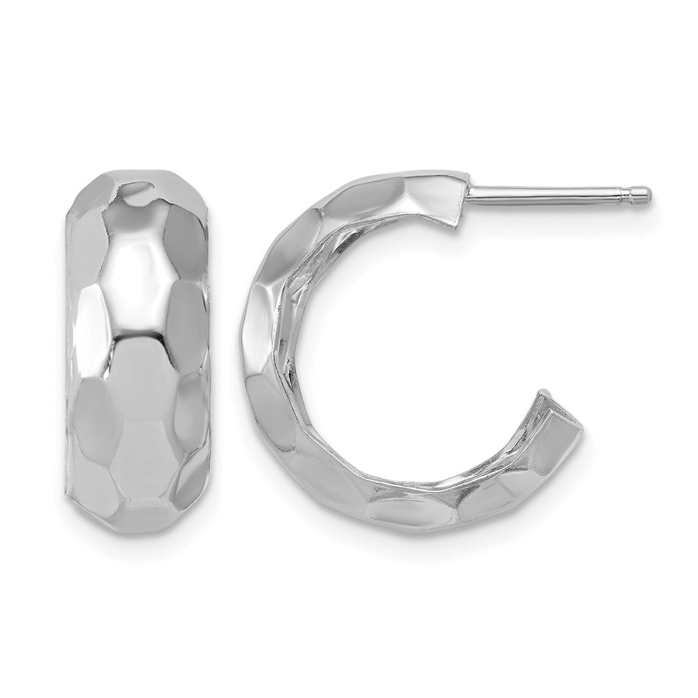 Sterling Silver RH-plat Polish Textured Post J-Hoop Earrings